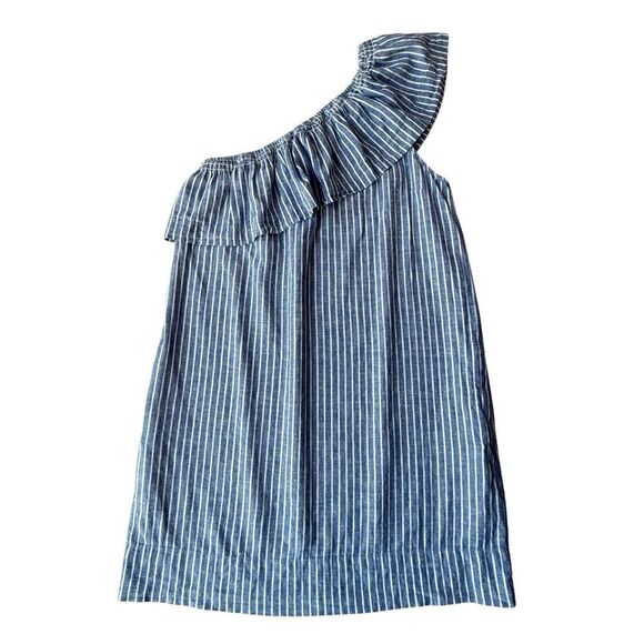Madewell Linen Blend Striped One-Shoulder Ruffle Chambray Dress Size M - Picture 5 of 11